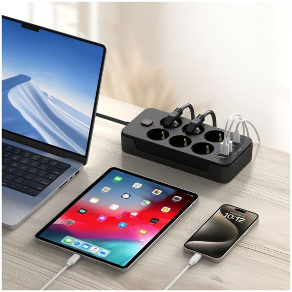 Síťová nabíječka PC6X6 Power Strip 3 USB & 3 USB-C & 6 Socket 200cm, černá, Tech-Protect