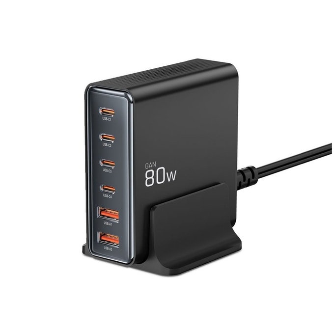 Síťová nabíječka DC80W-GAN 6-PORT PD 80W / QC3.0, černá, Tech-Protect