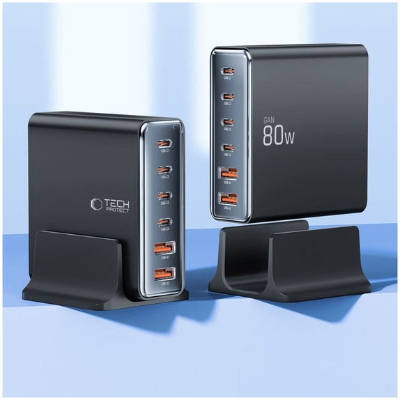 Síťová nabíječka DC80W-GAN 6-PORT PD 80W / QC3.0, černá, Tech-Protect