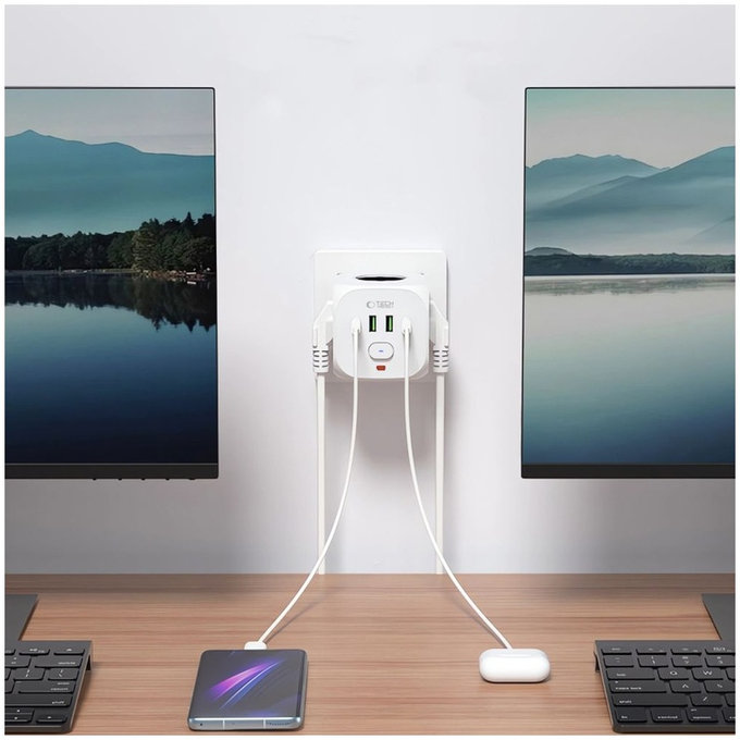 Síťová nabíječka PCL3X4 Power Socket 2 USB & 2 USB-C & 3 Socket, bílá, Tech-Protect