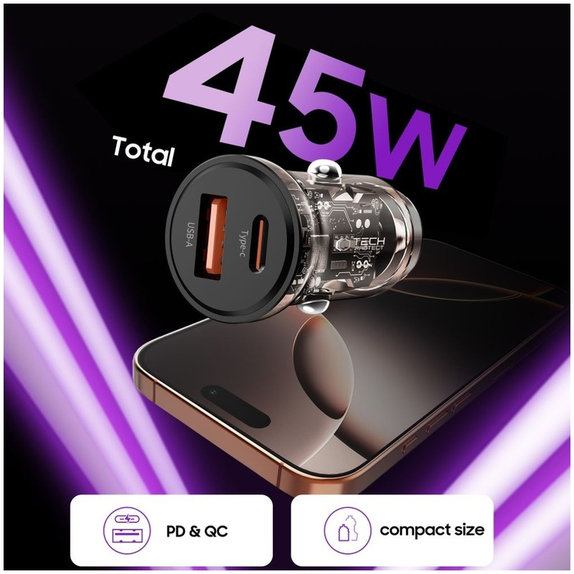 Nabíječka do auta CC01 2-PORT PD 45W / QC3.0, černá, Tech-Protect