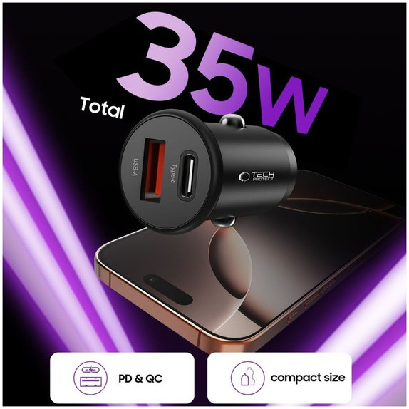 Nabíječka do auta CC02 2-PORT PD 35W / QC3.0, černá, Tech-Protect