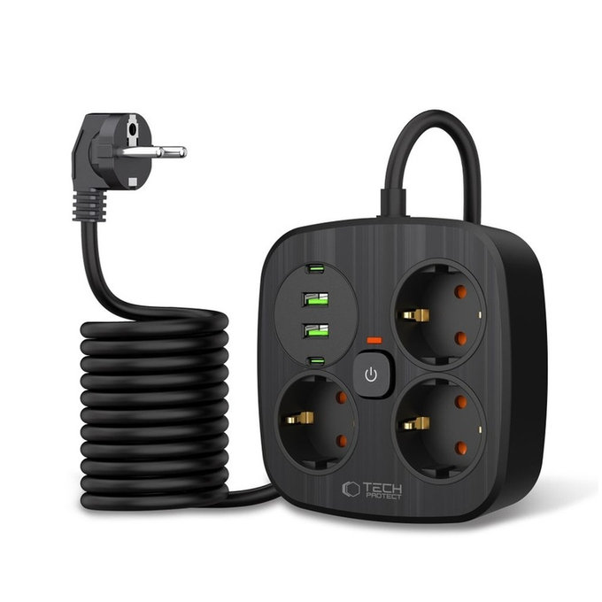 Síťová nabíječka PCS3X4 Power Strip 2 USB & 2 USB-C & 3 Socket 200cm, černá, Tech-Protect