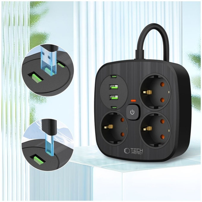 Síťová nabíječka PCS3X4 Power Strip 2 USB & 2 USB-C & 3 Socket 200cm, černá, Tech-Protect