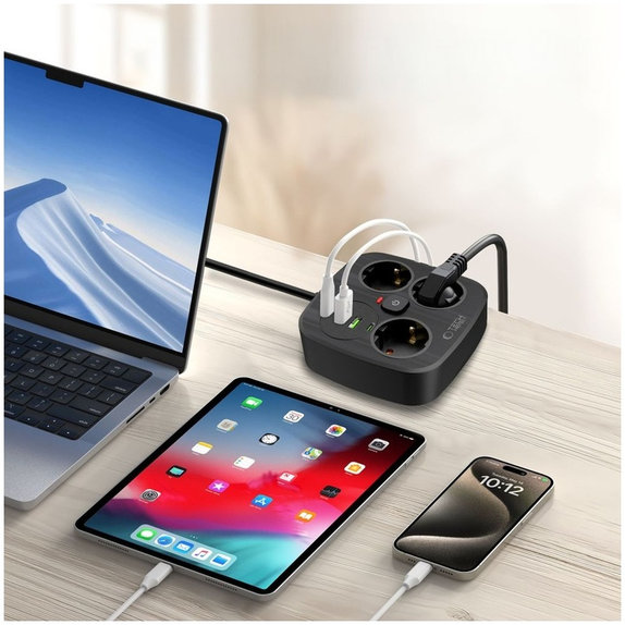 Síťová nabíječka PCS3X4 Power Strip 2 USB & 2 USB-C & 3 Socket 200cm, černá, Tech-Protect