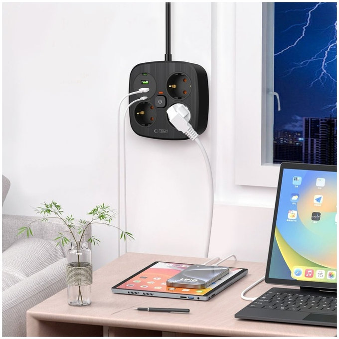 Síťová nabíječka PCS3X4 Power Strip 2 USB & 2 USB-C & 3 Socket 200cm, černá, Tech-Protect