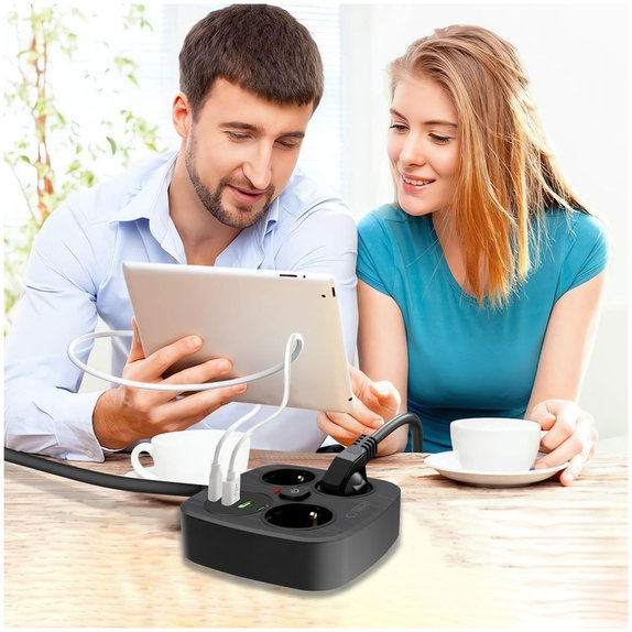 Síťová nabíječka PCS3X4 Power Strip 2 USB & 2 USB-C & 3 Socket 200cm, černá, Tech-Protect