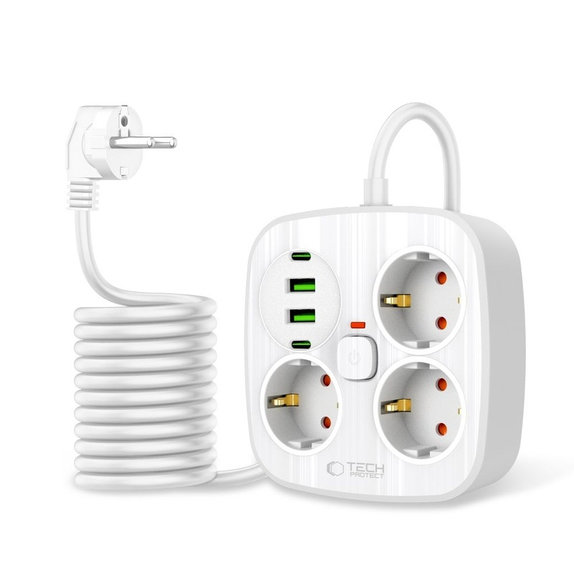 Síťová nabíječka PCS3X4 Power Strip 2 USB & 2 USB-C & 3 Socket 200cm, bílá, Tech-Protect