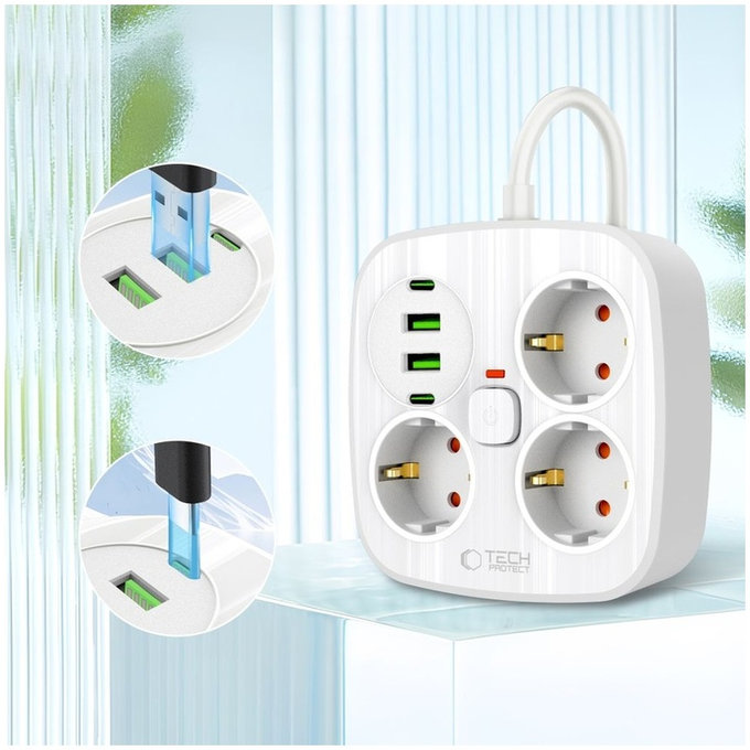 Síťová nabíječka PCS3X4 Power Strip 2 USB & 2 USB-C & 3 Socket 200cm, bílá, Tech-Protect