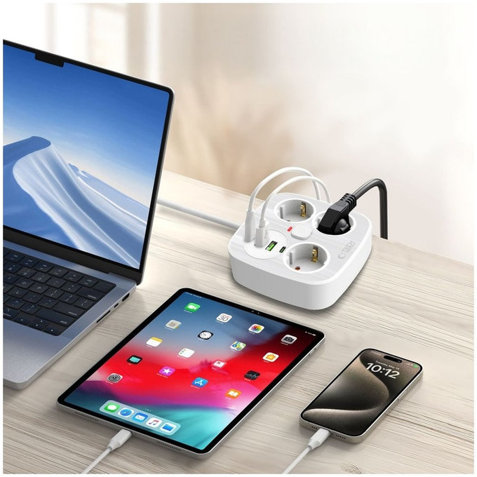 Síťová nabíječka PCS3X4 Power Strip 2 USB & 2 USB-C & 3 Socket 200cm, bílá, Tech-Protect