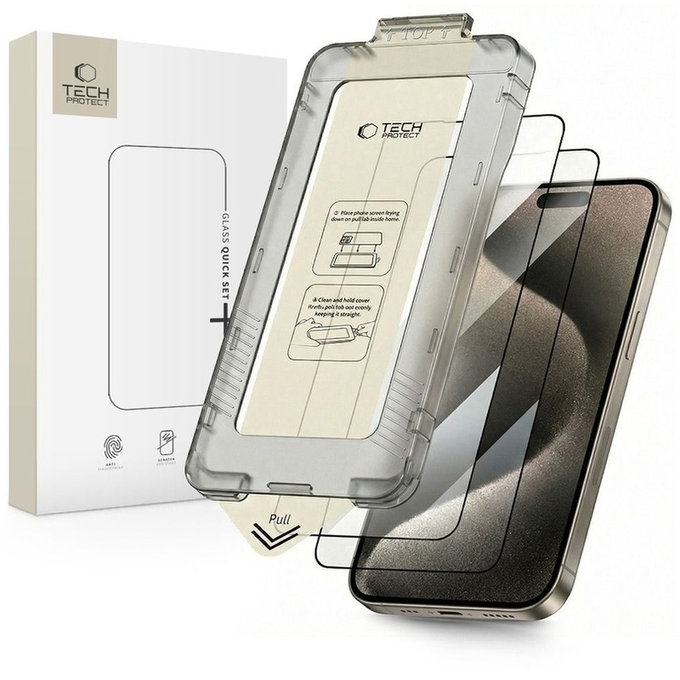 Tvrzené sklo Quick Set+ 2-PACK pro iPhone 15 Pro, černá, Tech-Protect