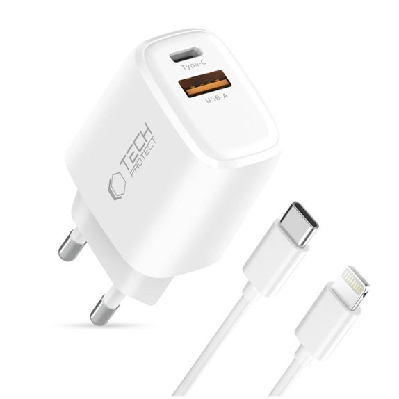 Síťová nabíječka NCA20 2-PORT PD 20W / QC3.0 + Lightning Cable, bílá, Tech-Protect