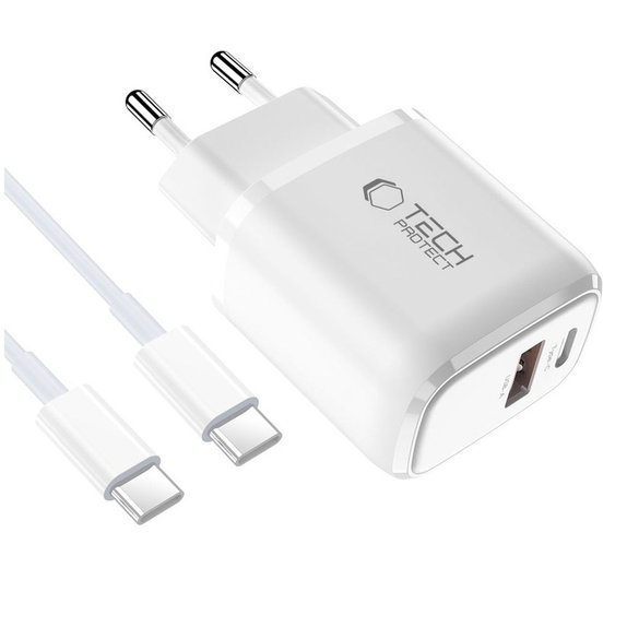 Síťová nabíječka NCA20 2-PORT PD 20W / QC3.0 + USB-C Cable, bílá, Tech-Protect