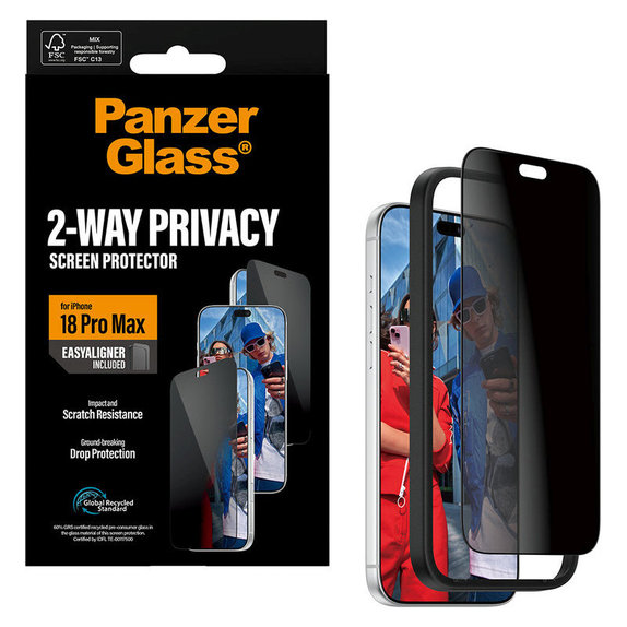 Tvrzené sklo UWF 2-Way Privacy s aplikátorem pro iPhone 18 Pro Max, Černá, PanzerGlass