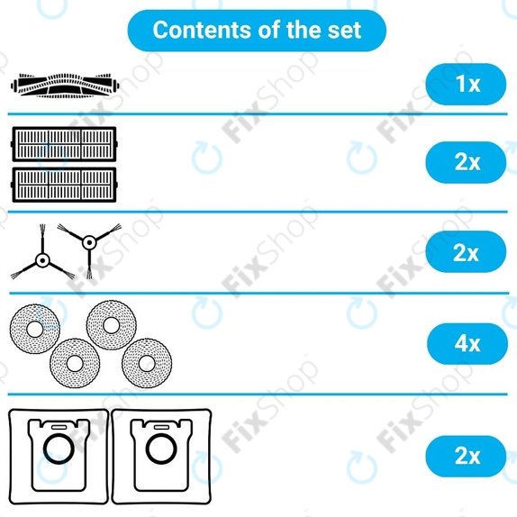 Sada náhradních dílů pro Xiaomi Robot Vacuum X10 (1x Hlavní kartáč, 2x Filtry, 2x Boční kartáče, 2x Mopovací utěrky, 2x Prachové sáčky)