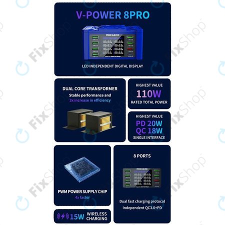 Mechanic V-Power 8 Pro - USB Servisní Nabíjecí Stanice s USB-C, USB 3.0