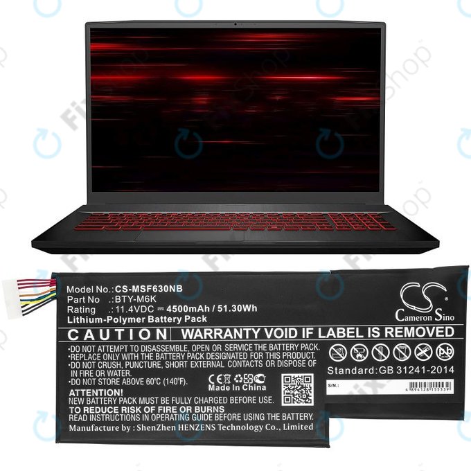 Baterie pro MSI GF63, MSI GF75, MSI GS63, 4500mAh, Li-Pol, 11.4V, BTY-M6K, HQ