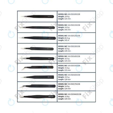 Sada ESD Antistatických Pinzet z Nerezové Oceli 9v1
