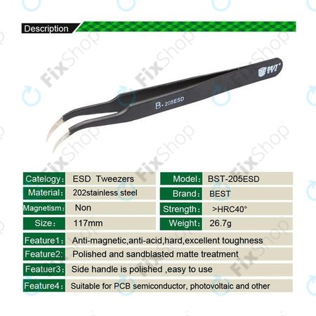 Best B-205ESD - ESD Kovová Pinzeta s Přehnutou Špičkou (117mm)