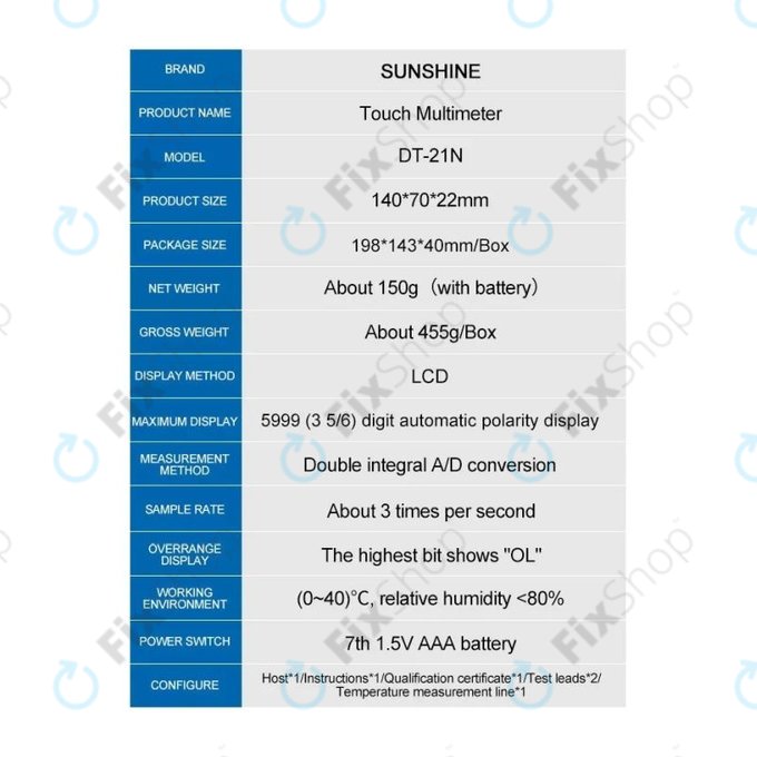Sunshine DT-21N - Dotykový Multimetr