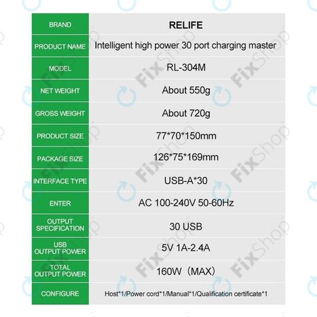 Relife RL-304M - Smart Servisní USB Stanice - 30x USB / 160W