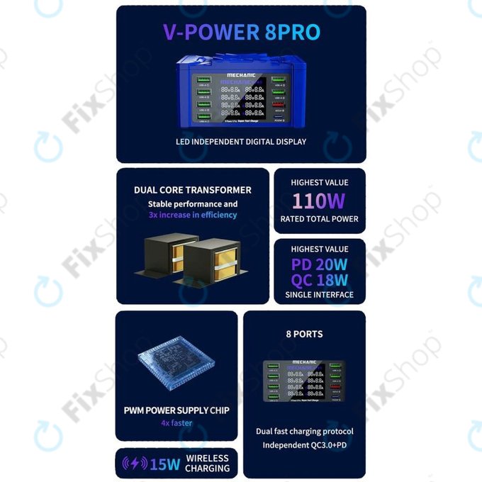 Mechanic V-Power 8 Pro - USB Servisní Nabíjecí Stanice s USB-C, USB 3.0