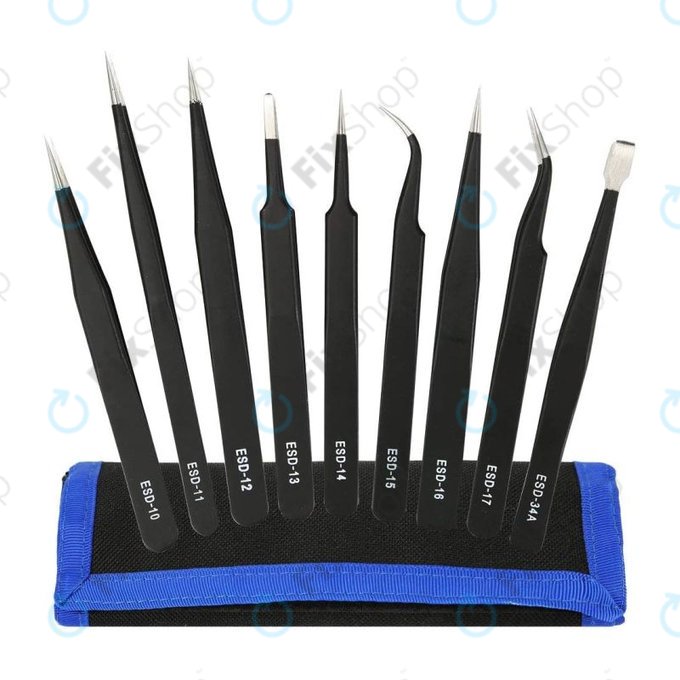 Sada ESD Antistatických Pinzet z Nerezové Oceli 9v1