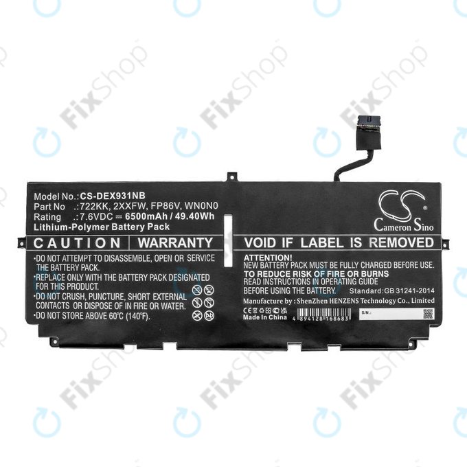 Baterie pro Dell XPS 13 9300, 9380, 9310, 6500mAh, Li-Pol, 7.6V, 2XXFW, HQ