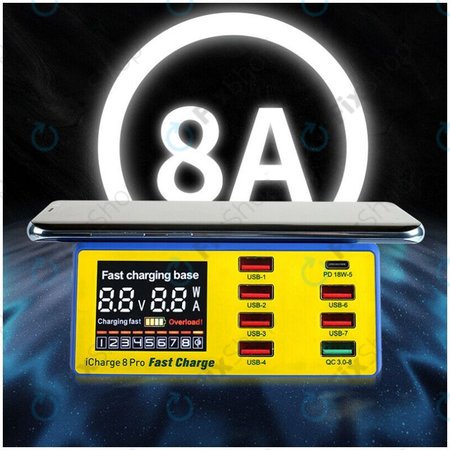 Mechanic iCharge 8 Pro - USB Servisní Nabíjecí Stanice s USB-C, USB 3.0 a Bezdrátovým Nabíjením