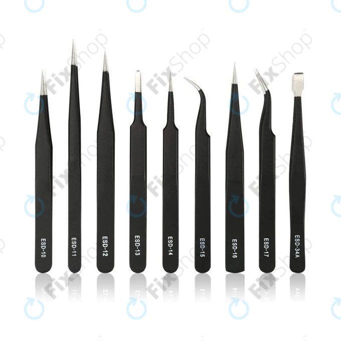 Sada ESD Antistatických Pinzet z Nerezové Oceli 9v1