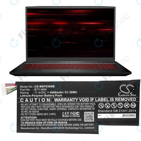 Baterie pro MSI GF63, MSI GF75, MSI GS63, 4500mAh, Li-Pol, 11.4V, BTY-M6K, HQ