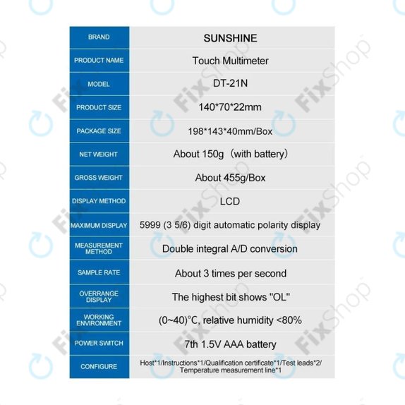 Sunshine DT-21N - Dotykový Multimetr