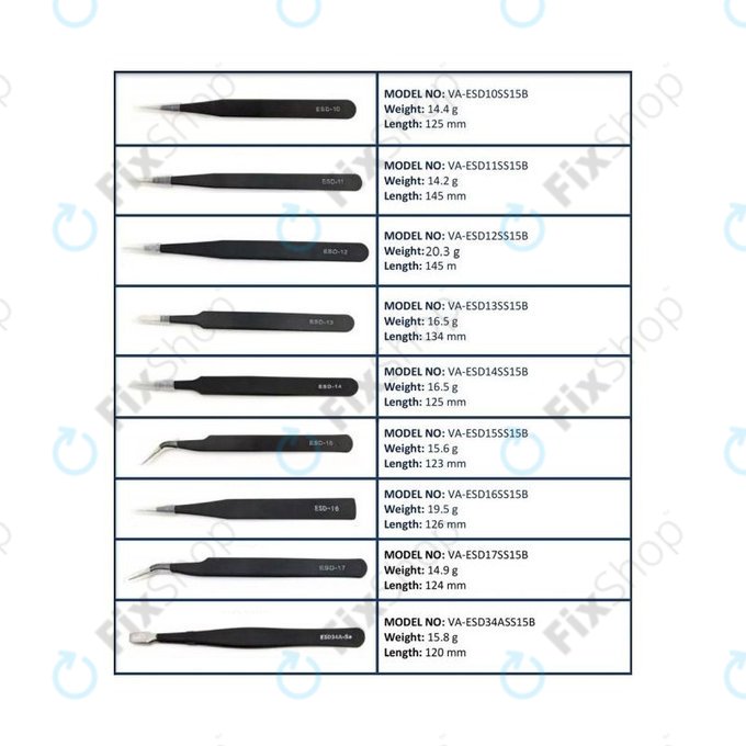 Sada ESD Antistatických Pinzet z Nerezové Oceli 9v1