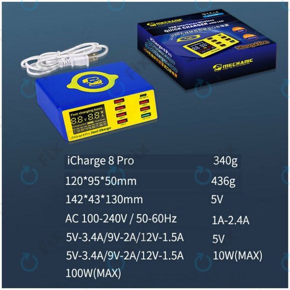 Mechanic iCharge 8 Pro - USB Servisní Nabíjecí Stanice s USB-C, USB 3.0 a Bezdrátovým Nabíjením