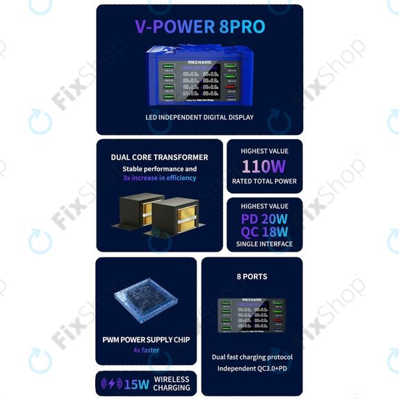 Mechanic V-Power 8 Pro - USB Servisní Nabíjecí Stanice s USB-C, USB 3.0