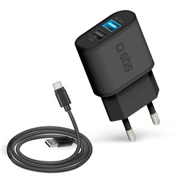 SBS - 10W Nabíjecí Adaptér 2x USB + Kabel USB / USB-C, černá