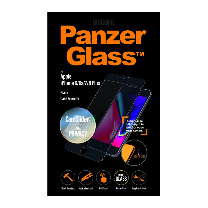 PanzerGlass - Tvrzené sklo Privacy, Case Friendly, CamSlider pro iPhone 8/7 / 6S / 6 Plus, černá