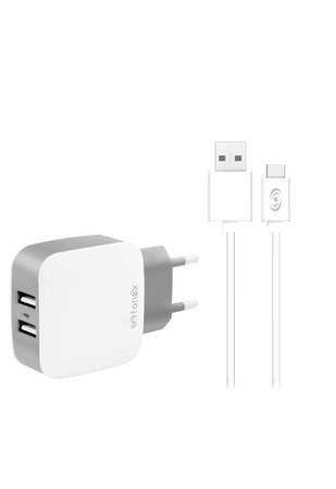 Fonex - Nabíjecí Adaptér 2x USB + Kabel USB / USB-C, 10W, bílá