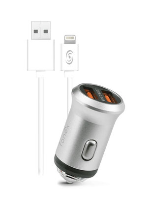 Fonex - Autonabíječka 2x USB + Kabel USB / Lightning, 10W, strříbrná