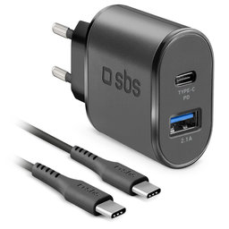 SBS - 18W Nabíjecí Adaptér USB, USB-C + Kabel USB-C / USB-C, černá