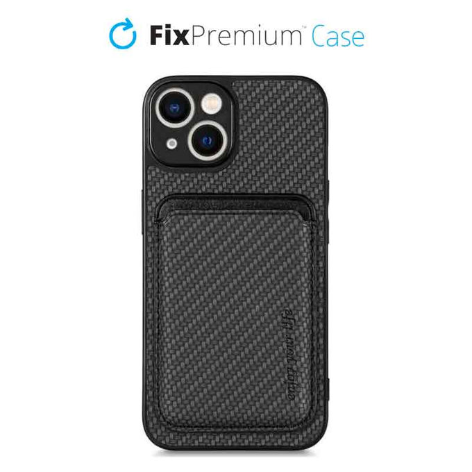 FixPremium - Pouzdro Carbon s MagSafe Wallet pro iPhone 13 mini, černá