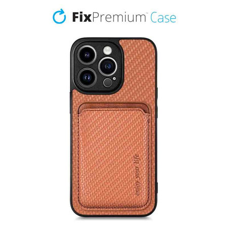 FixPremium - Pouzdro Carbon s MagSafe Wallet pro iPhone 14 Pro, hnědá