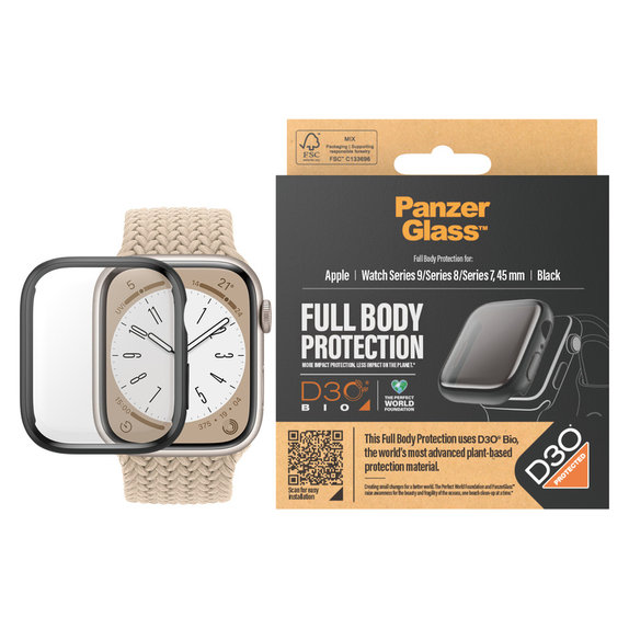 Tvrzené sklo Full Body D3O pro Apple Watch 9/8/7 45 mm, Černá, PanzerGlass