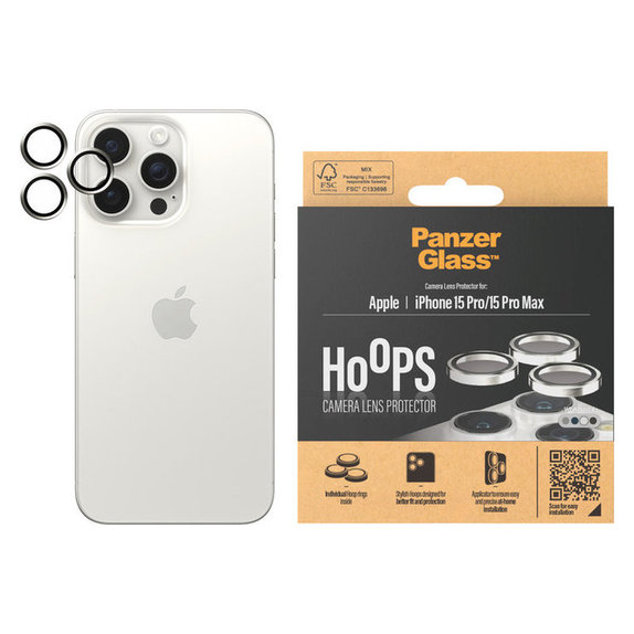 Ochranný kryt objektivu Hoops pro iPhone 15 Pro/15 Pro Max, White Metal, PanzerGlass