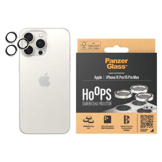 Ochranný kryt objektivu Hoops pro iPhone 15 Pro/15 Pro Max, White Metal, PanzerGlass