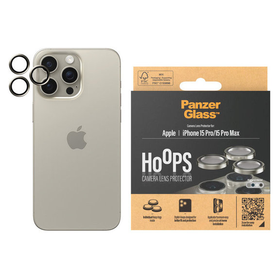 Ochranný kryt objektivu Hoops pro iPhone 15 Pro/15 Pro Max, Natural Metal, PanzerGlass