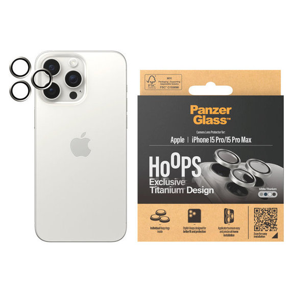 Ochranný kryt objektivu Hoops pro iPhone 15 Pro/15 Pro Max, White Titanium, PanzerGlass