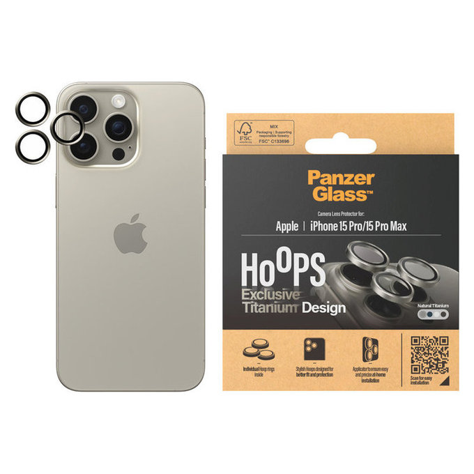 Ochranný kryt objektivu Hoops pro iPhone 15 Pro/15 Pro Max, Natural Titanium, PanzerGlass