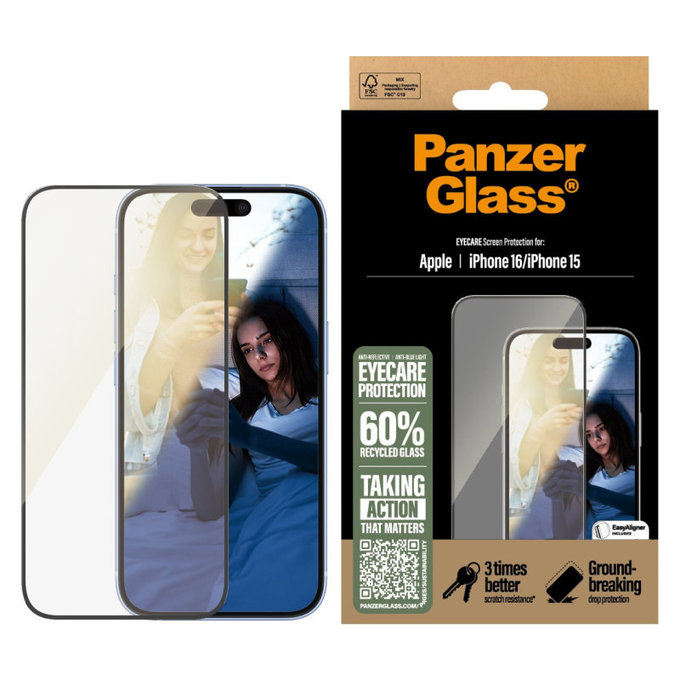 Tvrzené sklo UWF Eyecare s aplikátorem pro iPhone 16/15, Černá, PanzerGlass