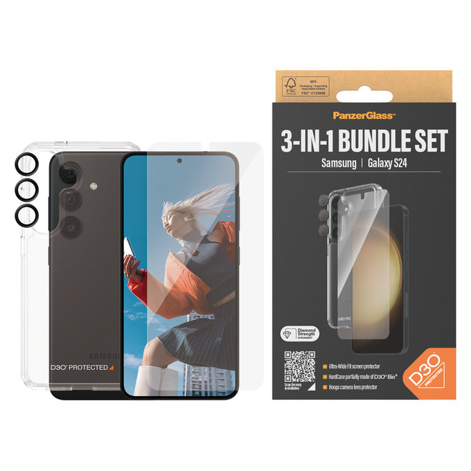 Bundle Hoops + Tvrzené sklo UWF + Hard Case D3O pro Samsung Galaxy S24, PanzerGlass